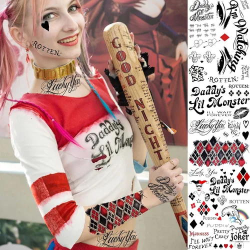 Miniatura 7 de VANTATY 6 hojas de tatuajes 3D Joker para hombres, adultos y mujeres, tatuajes temporales de Halloween para mujeres, niñas, niños, calcomanías de B