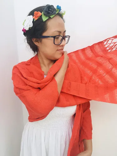 Miniatura 2 de Typical Mexican orange Rebozo 2.4 meters 95 inches (including fringes) modelo deshilado