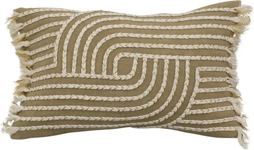 Bloomingville Cotton Slub bordado lumbar y flecos, almohadas multicolor, 20 pulgadas de largo x 12 pulgadas de ancho x 1 pulgada de alto, crema y