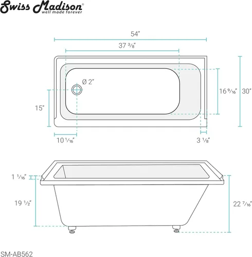 Miniatura 14 de Swiss Madison Voltaire - Bañera independiente de acrílico brillante color blanco de 54" x 30", con nicho, desagüe integral en el lado izquierdo