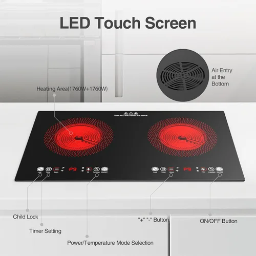 Miniatura 8 de VBGK Cocina eléctrica, 110 V, 24 pulgadas, 2 quemadores, estufa integrada y encimera, estufa de 2200 W, 9 niveles de potencia, bloqueo