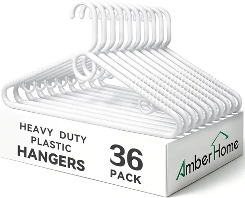 Amber Home Paquete de 36 perchas de plástico resistentes, perchas blancas antideslizantes con barra para pantalones, perchas de plástico grueso para