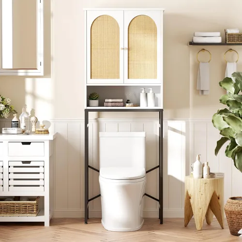 Miniatura 18 de Gabinete de almacenamiento sobre el inodoro con puertas estilo granja y estante ajustable, organizador de baño alto con soporte de metal que ahorra