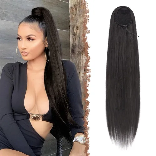 Miniatura 11 de FESHFEN Extensiones de cola de caballo rectas, colas de caballo largas con cordón, cola de caballo sintética con clip para mujer, color negro