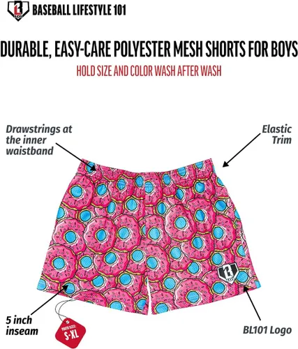 Miniatura 3 de Baseball Lifestyle 101 Pantalones cortos de malla de fresa con bolsillos laterales y cintura elástica, entrepierna de 5 pulgadas, tallas juveniles