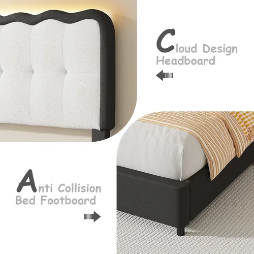 Miniatura 3 de BarnFurin Base de cama individual, cama de plataforma tapizada con cabecera de nube, marco de cama moderno con diseño suave anticolisión, no Negro