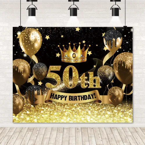 Miniatura 9 de Telón de fondo para fotografía de cumpleaños número 50 para mujeres y hombres, globo con purpurina negra y dorada, telón de fondo para fotos