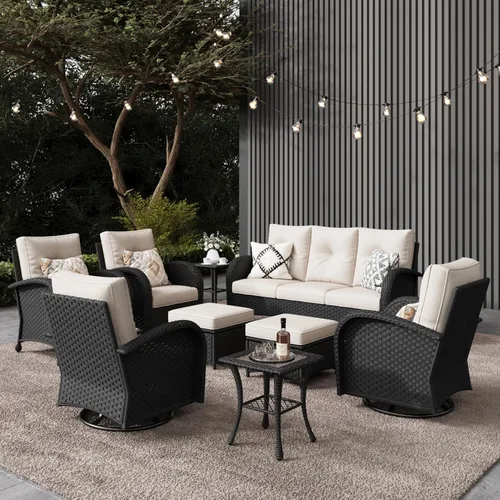 Miniatura 30 de LayinSun - Juego de 10 piezas de muebles seccionales de patio para el aire libre con mesa para fogata, juegos de sillas giratorias reclinables