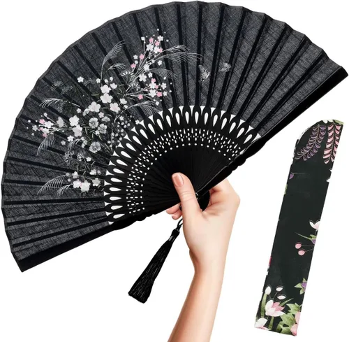 Miniatura 8 de OMyTea abanico plegable de mano para mujer - abanico de bambú y seda vintage chino/japonés plegable - para sofocos, iglesia, EDM, festival