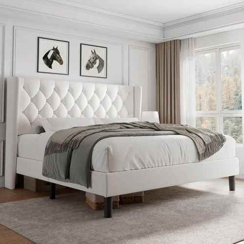 Miniatura 9 de iPormis - Base de cama tapizada de tamaño completo con cabecera capitonada con botones, base de cama tapizada con listones de madera sólidos, 20 cm