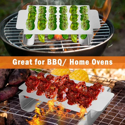 Miniatura 6 de Rejilla de jalapeño negro de 18 agujeros para chile, parrilla de acero inoxidable con asa, soporte de jalapeño para barbacoa, ahumador u horno