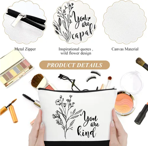 Miniatura 3 de Coume 10 Piezas Bolsas de Maquillaje de Lona de Flores Bohemias al Por Mayor, Bolsas de Cosméticos con Citas Inspiradoras Estéticas en Blanco