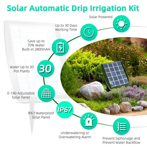 Miniatura 9 de Sistema de riego por goteo alimentado por energía solar, accesorios de invernadero al aire libre, compatible con 15 macetas y 6 modos de temporizador