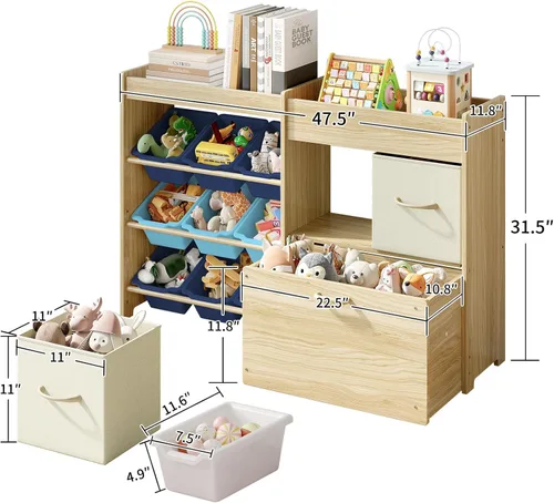 Miniatura 2 de EXPERLAM Organizador de almacenamiento de juguetes para niños, organizador de juguetes de 9 compartimentos con 2 cajones, cofre de juguetes móvil