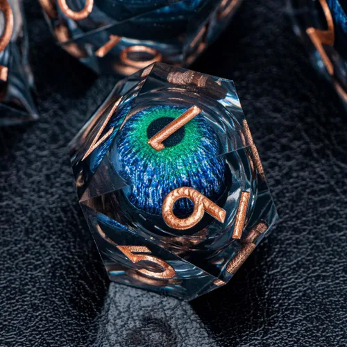 Miniatura 5 de Dragon Eye - Dados DND de núcleo líquido con caja, juego de dados poliédricos de borde afilado verde y azul de resina hechos a mano transparentes D