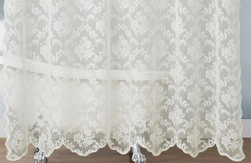 Miniatura 4 de ASATEX Cortina de ducha de encaje marfil. Cortina de baño de diseño floral clásico de 72 x 72 pulgadas con cenefa adjunta y borlas. Cortinas