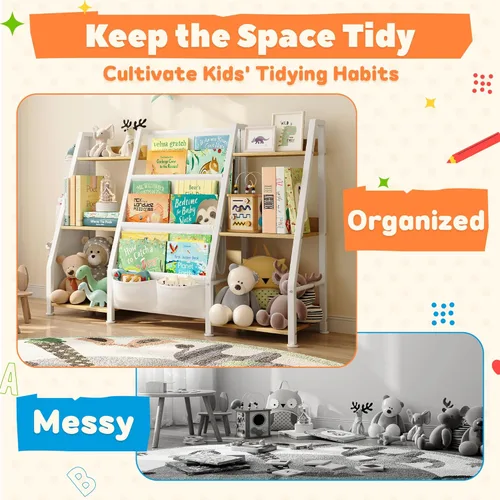 Miniatura 6 de Estantería infantil y organizador de juguetes: estante de libros de 3 niveles para habitación de niños, estante para libros Montessori para niños