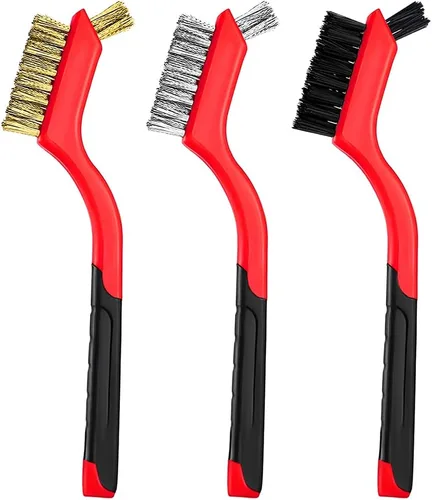 Juego de 3 cepillos de alambre, cerdas de latón de 7 pulgadas / acero inoxidable/nailon con mango curvo, herramientas de detalles de limpieza