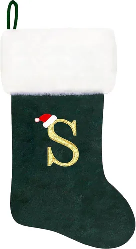 Miniatura 25 de Calcetines de Navidad bordados de 20 pulgadas con monograma, terciopelo negro con puño de felpa blanca supersuave, adornos clásicos para decoración