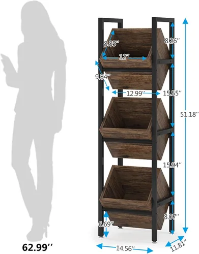 Miniatura 3 de LITTLE TREE Soporte de Cesta de 3 Niveles, Unidad de Estantería de Pie de Madera, Organizador de Almacenamiento Rústico de Pie para Cocina, Baño