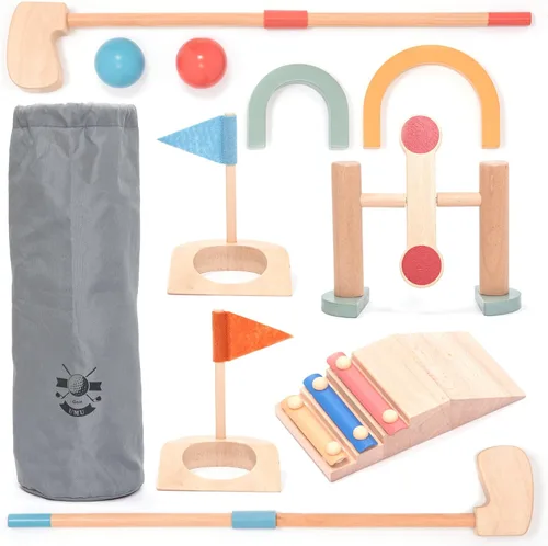 umu® Juego de minigolf de madera para niños, 6 obstáculos, juguete de golf para interiores y exteriores con pelotas y palos, juguete de aprendizaje