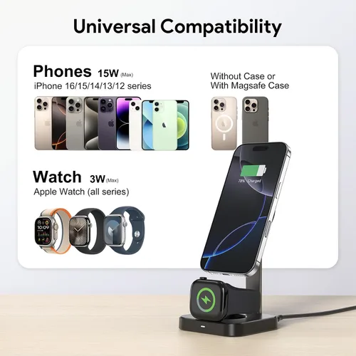 Miniatura 7 de Cargador inalámbrico 2 en 1 para iPhone y reloj, carga rápida de 15 W para teléfono y 5 W para reloj, soporte de cargador inalámbrico magnético