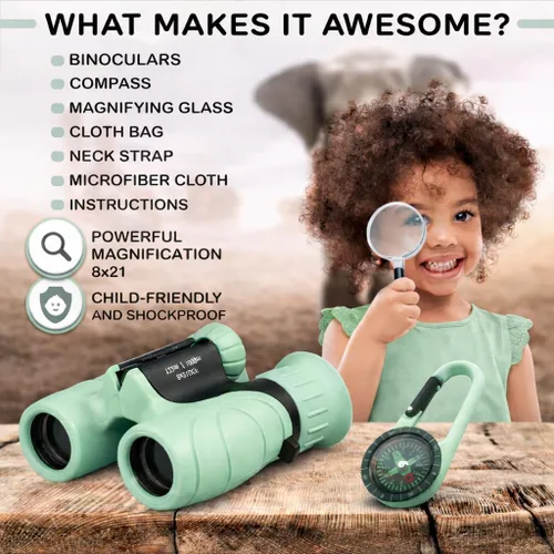 Miniatura 28 de Binoculares para niños – Juguete perfecto para niños pequeños y niñas – Juego extenso que incluye lupa y brújula – Potente aumento 8 x 21 – niños