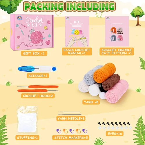 Miniatura 3 de Fortuning's JDS Kit de ganchillo para principiantes, paquete de 4 divertidos kits de ganchillo para gatos, kit de ganchillo para principiantes