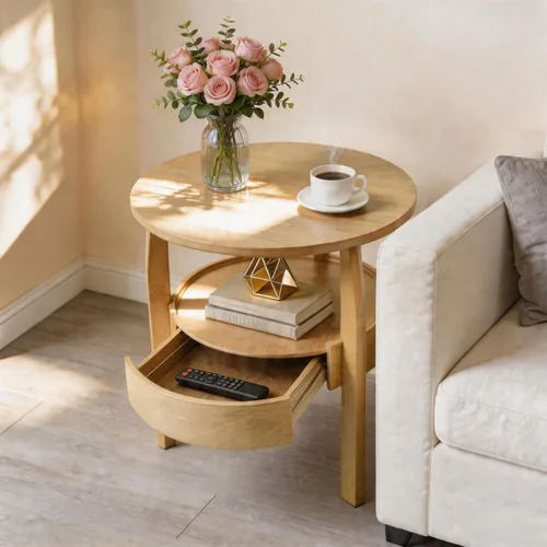 Miniatura 10 de Mesa auxiliar redonda con almacenamiento y cajón oculto, mesa auxiliar de madera natural de 20 pulgadas de profundidad x 20 pulgadas de alto