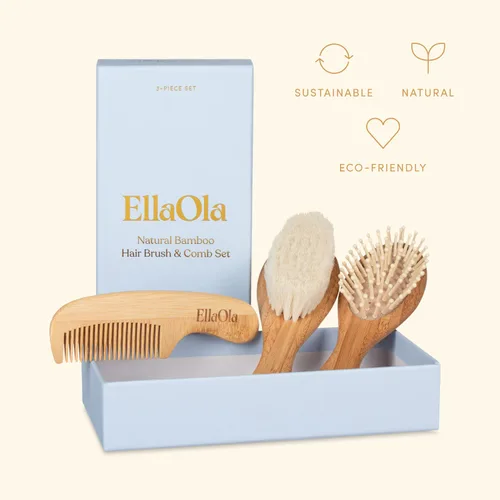 Miniatura 8 de ELLAOLA Juego de cepillo y peine de bambú natural, 3 piezas - Cepillo para costra láctea, cepillo de masaje para el cabello, peine de bambú