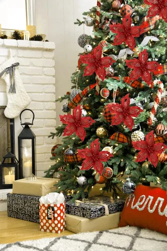Miniatura 6 de Briful Flores de Pascua de Navidad de 7.5 pulgadas, 10 unidades, flores artificiales con purpurina roja, flores grandes para decoración de árbol
