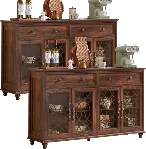 Miniatura 31 de Joaxswe Aparador de estilo rústico con almacenamiento, credenza grande de 59 pulgadas con 4 puertas de vidrio y 2 cajones, estantes ajustables, mesa