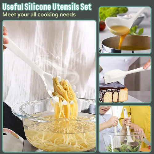 Miniatura 6 de E-far Juego de utensilios de cocina de silicona, juego de 7 piezas de utensilios de cocina resistentes al calor en color blanco, utensilios