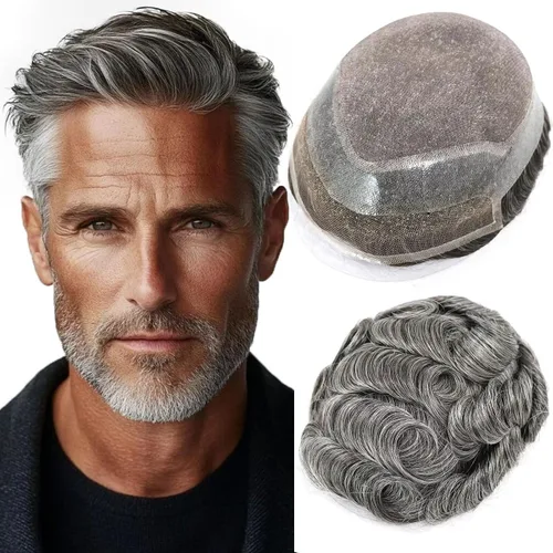Miniatura 24 de HAPPY&CC Toupee - Piezas de cabello humano con encaje frontal suizo para hombre, parte superior fina mono con poliuretano alrededor de sistema de #1B