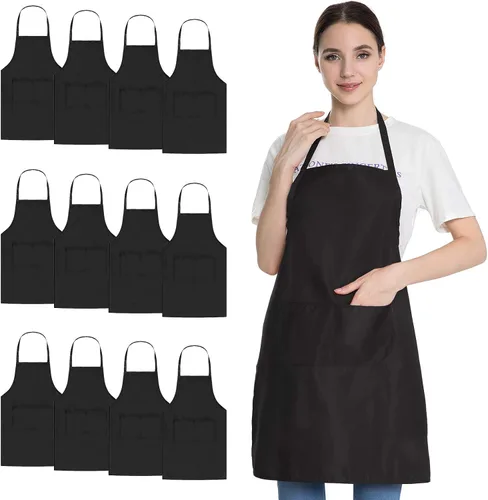 Delantal con babero negro para mujeres, hombres, adultos, chef, paquete de 12 delantales de cocina a granel con bolsillos para cocinar, hornear,