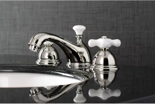 Miniatura 5 de Kingston Brass KS3961PX Restoration Grifo de lavabo generalizado con mango cruzado de porcelana, cromo pulido, centro ajustable de 8 pulgadas