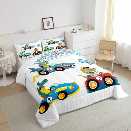 Miniatura 5 de Erosebridal Juego de ropa de cama de dinosaurio de carreras de dinosaurios, juego de edredón de plumón de dinosaurio de caricaturas para niños