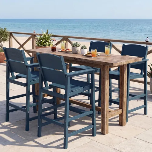 Miniatura 5 de Paquete de 2 taburetes de bar para exteriores, sillas de bar de patio de polietileno de alta densidad con reposabrazos y reposapiés, resistentes a