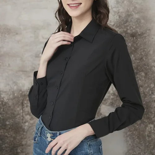 Miniatura 7 de MGWDT Camisa de trabajo con botones para mujer, ajustada, resistente a las arrugas, manga larga/corta, elástica, ligera