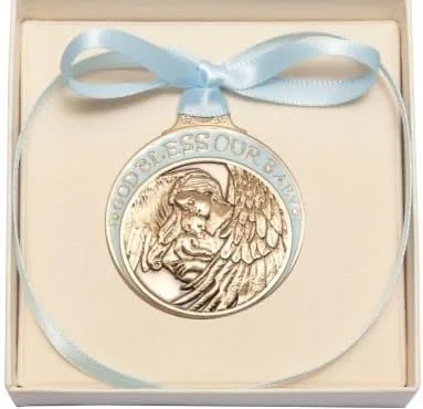 Medalla de cuna de bebé de óxido de oro con ángel de la guarda con cinta azul en caja, Óxido de oro u oro, No es una piedra preciosa