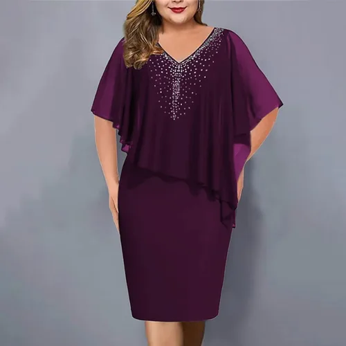 Miniatura 2 de Vestido de capa para mujer, talla grande, con cuello en V y diamantes de imitación, superposición de gasa, vestido de tubo bodycon para boda, cóctel