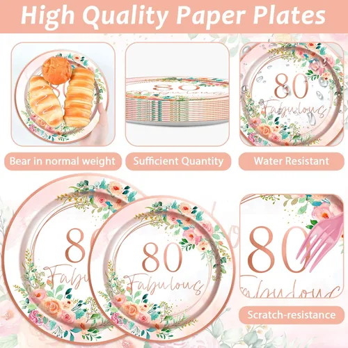 Miniatura 3 de OBUSATT 96 piezas florales de 80 fabulosos suministros de fiesta de cumpleaños número 80 platos de papel, servilletas, decoraciones de fiesta de oro