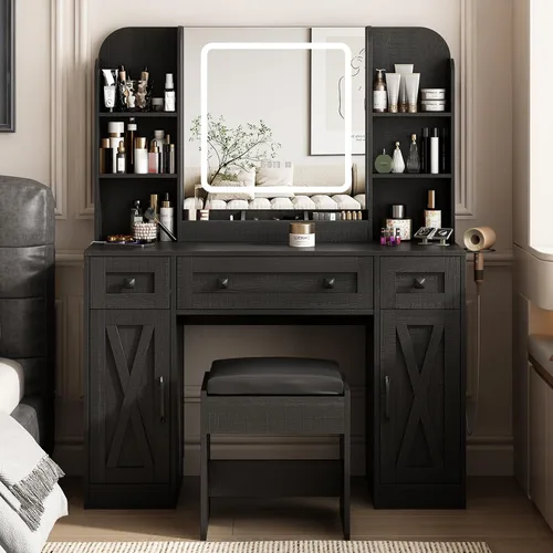 Miniatura 6 de Vabches Escritorio de tocador negro, espejo de tocador con luces, escritorio de maquillaje con taburete, mesa de maquillaje con grandes cajones