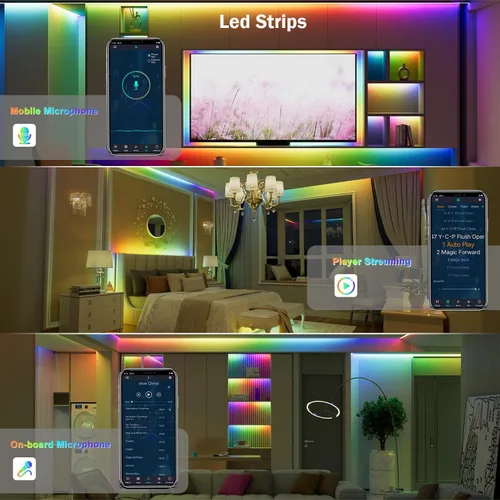 Miniatura 8 de Tira de luces LED para dormitorio de 33 pies, luces LED IC-RGB para habitación con control remoto de aplicación Bluetooth, tira de luz LED USB