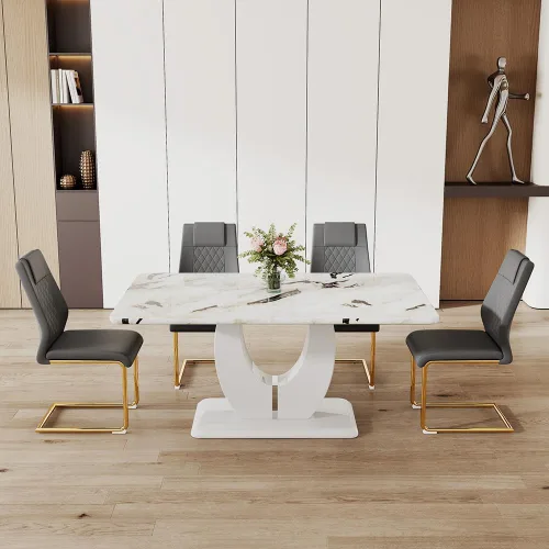 Miniatura 10 de JUFU Moderno juego de mesa de comedor y 4 sillas, juego de mesa de comedor de mármol sintético blanco para 4, juego de mesa de comedor y 4 sillas