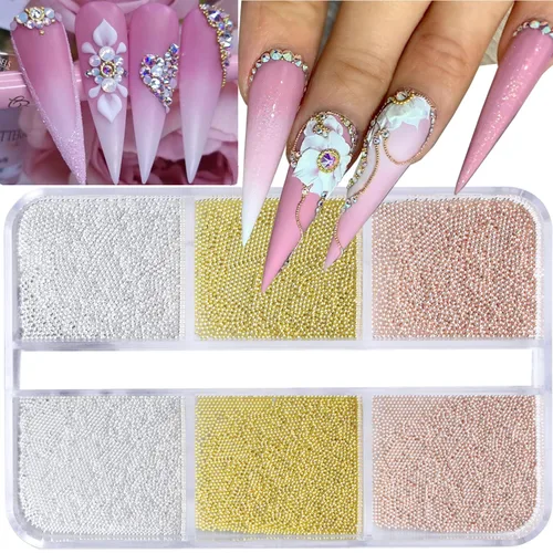 Miniatura 7 de Dijes 3D para arte de uñas, oro rosa, cuentas de micro caviar, diamantes de imitación para uñas acrílicas, tamaño mixto, diamantes de imitación AB