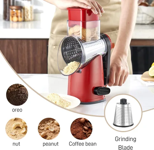 Miniatura 6 de Weltonhm Ralladores rotativos de queso con 4 cuchillas, rallador de queso de manivela con rebanador de waffles, rallador de queso rojo, negro y Rojo