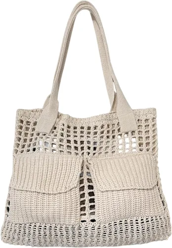 Miniatura 19 de ENBEI Bolsa de playa para mujer, diseño hueco de punto de ganchillo, elegante para la playa, viajes y uso diario