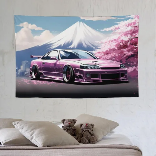 Miniatura 6 de FeoYoed Jdm Car R33 - Tapiz para colgar en la pared, arte de pared para dormitorio, sala de estar, monte japonés, Fuji, flor de cerezo rosa, 40 x 60
