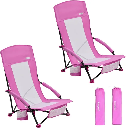 Miniatura 10 de SUNNYFEEL Silla de playa baja – Sillas de playa plegables con respaldo alto para adultos con portavasos y bolsillo lateral, mochila ligera silla